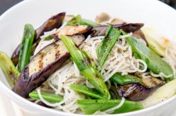 Somen Noodle Salad with Eggplant, Sugar Snap Peas and Lime Dressing